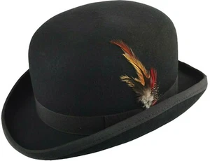 💎Quality Hand Made Mens Bowler Hat With Feather & Satin Lining 100% Wool - Picture 1 of 18