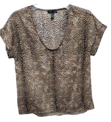 Aqua Womens Animal Print Blouse Top Small Brown Scoop Neck Short Sleeve Casual - Изображение 1 из 4