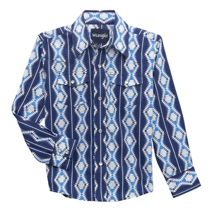 Wrangler Boy's Checotah Aztec Blue Snap Button Down Western Shirt 112356529 - Picture 1 of 8