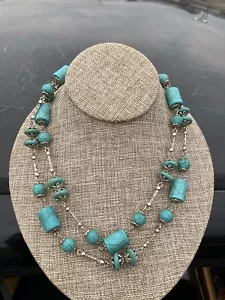 Silver & Turquoise Beaded Necklace 36" long EXC - Picture 1 of 3