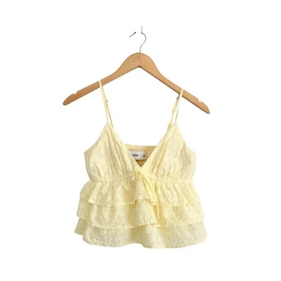 Hollister 容易分层衬衫 S 黄色孔眼棉质分层荷叶边缩褶 — 第 1/4 张图片