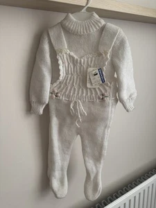 Vintage Knitted Overalls - 0-6 Months On Tag, Still Has Tag - Baby Jumpsuit Foot - Picture 1 of 5