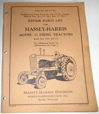 Massey Harris 33 Diesel Tractor Parts Catalog Manual Book ORIGINAL! MH 8-55 - Image 1 of 3