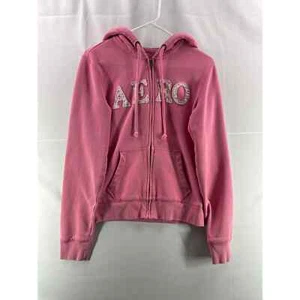 Aeropostale Womens Full Zip Hoodie M Pink Drawstring Graphic Embroidered Pocket - Picture 1 of 8