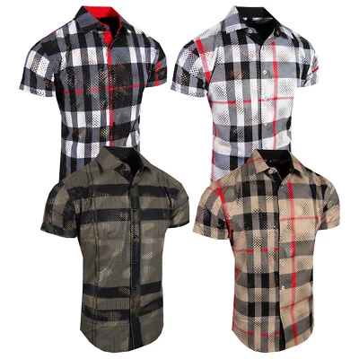 Mens Shirt Plaid Short Sleeve Gold Shiny Foil Overlay Flip-Cuff Stretch Slim Fit - Image 1 of 2