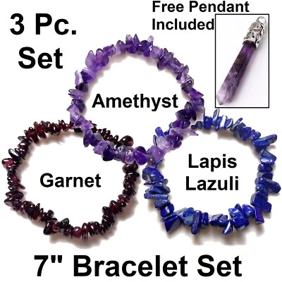 3PcSet Natural Amethyst Lapis Lazuli Garnet Charm Beaded Women's Bracelets - Image 1 of 4