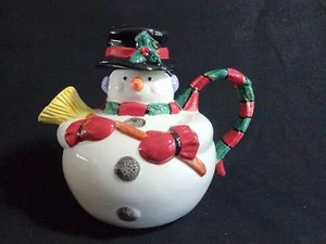 Omnibus Snowman Teapot 42 oz Fitz and Floyd 1996 Christmas Scarf Holly - Picture 1 of 9