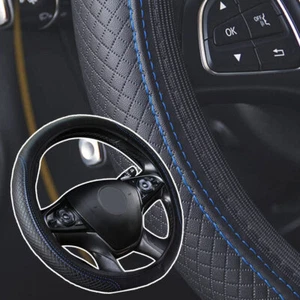 Leather Car Steering Wheel Cover for Good Grip Auto Accessories 15" Black & Blue - Picture 1 of 12