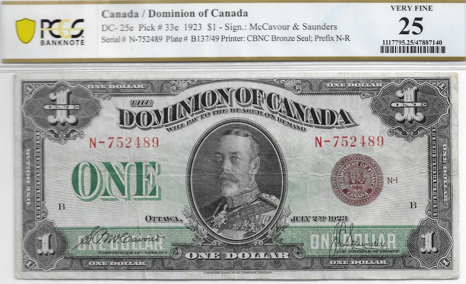 1923 Dominion of Canada $1 - Bronze Seal, McCavour-Saunders, DC-25e; PCGS VF-25 - Image 1 of 2