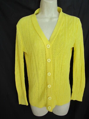 Vintage 70s Yellow Patterned Mesh Knit Grandma Grunge V Neck Cardigan Sweater - Image 1 of 4