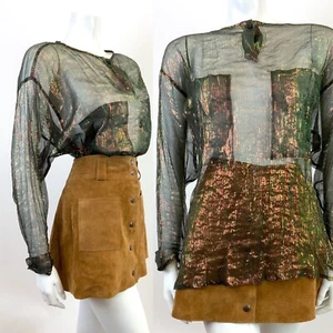 VTG 70s 80s BLACK ORANGE GREEN TWO-TONE METALLIC STRIPED SHEER BLOUSE TOP 12 14 - Picture 1 of 6