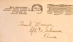 Tarjeta de borrador de la Primera Guerra Mundial 1918 para colección militar Frank Monnier Bairdford Pennsylvania - Imagen 1 de 2