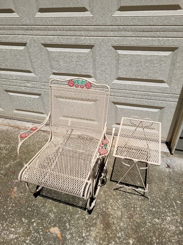 Vintage Wrought Iron Metal Beige Tan Rocking Chair & Table Cover