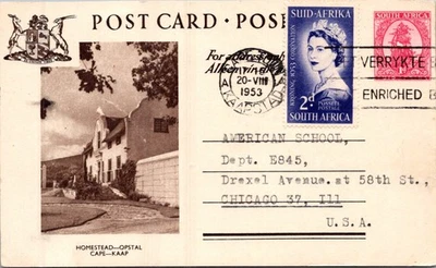 SOUTH AFRICA 1953 POSTAL ILLUSTRATED UPRATED POSTCARD ADDR & POSTMARK - Image 1 of 2