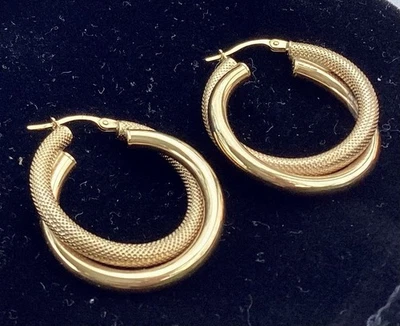 Italian Made Solid 9ct Yellow Gold Large Twin Hoops Snap Closures Earrings 3.0g - Image 1 of 4