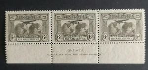 1934 6d Grey-Brown Kingsford Smith Imprint Strip - MNH - Picture 1 of 3