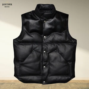 Men's Black Leather Puffer Vest Genuine Lambskin Leather Quilted Padded Vest - Picture 1 of 5