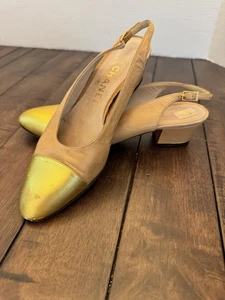 Vintage Chanel Gold Cap Toe Slingback Pumps Beige Leder Heels Gr. 37 (7 US) Italy - Bild 1 von 9
