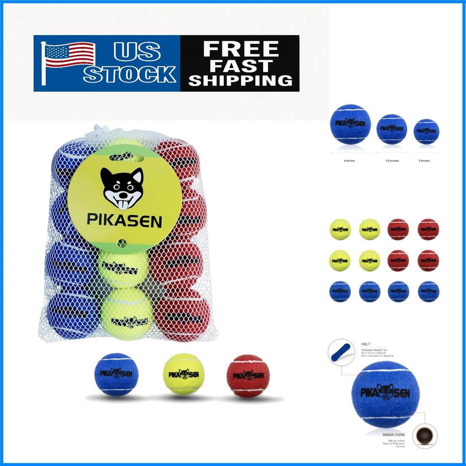 PIKASEN Dog Squeaky Tennis Balls for Pet Playing in 3 Sizes Premium Strong Dog &