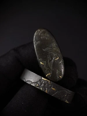 Japonês O Deus da Longevidade Fuchi & Kashira para Wakziashi Edo Período B135 - Imagem 1 de 4