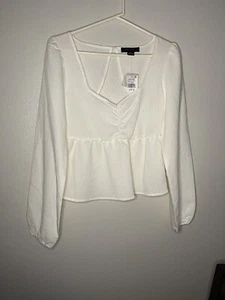 SANCTUARY Womens White Long Sleeve V Neck Top Juniors XS Babydoll Coquette NWT - Picture 1 of 4