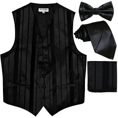 New Men's stripes Tuxedo Vest Waistcoat & necktie & Bow tie & Hankie Black party - Image 1 of 4