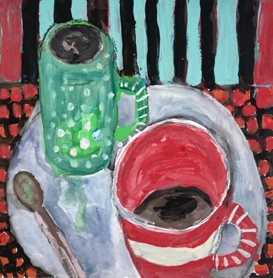 Original 8x8 Still Life Painting Expressive Outsider Art Mug Plate Spoon Chair - Image 1 of 4