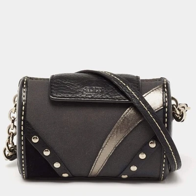 Tods Black Leather and Canvas Studded Flap Shoulder Bag - Image 1 of 4