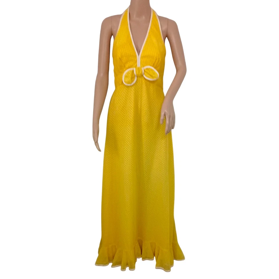 Maxi Vestido de Anfitriona Años 70 De Colección Talla XS/S Halter Amarillo Blanco Lunares Superposición Transparente Foto 1 de 4