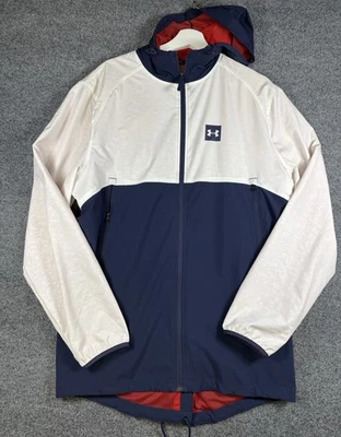 Chaqueta de lluvia grande Under Armour para hombre roja blanca azul con capucha estilo deportivo cola de pez Foto 1 de 4