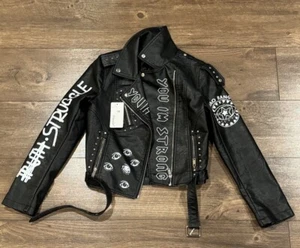 New W/ Tags Fitaylor Dare You Black Gothic Painted Leather Jacket Lapel Rivets - Picture 1 of 7