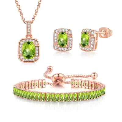 Collar colgante, pendientes y pulsera de tenis con halo de princesa peridoto de oro rosa de 18 quilates Foto 1 de 4
