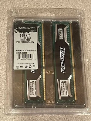 Ballistix 8GB Kit (2x4) DDR3 Ram  (DDR3-1600 MHZ) 2- 4GB Sport DDR3-1600 NEW - Image 1 of 4