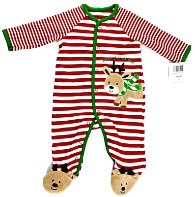 Babys First Christmas Footed 1pc 3 Months Red White Striped Reindeer Little Me - Image 1 of 4