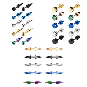 10PCS Men Women Punk Stainless Steel Fake Plug Spike Screw Stud Earrings Set 18G - Picture 1 of 20