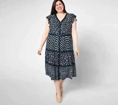 Vestido Dennis Basso Estampado Mixto Rayón En Niveles Azul Índigo Talla Grande 2X A644399 Foto 1 de 2