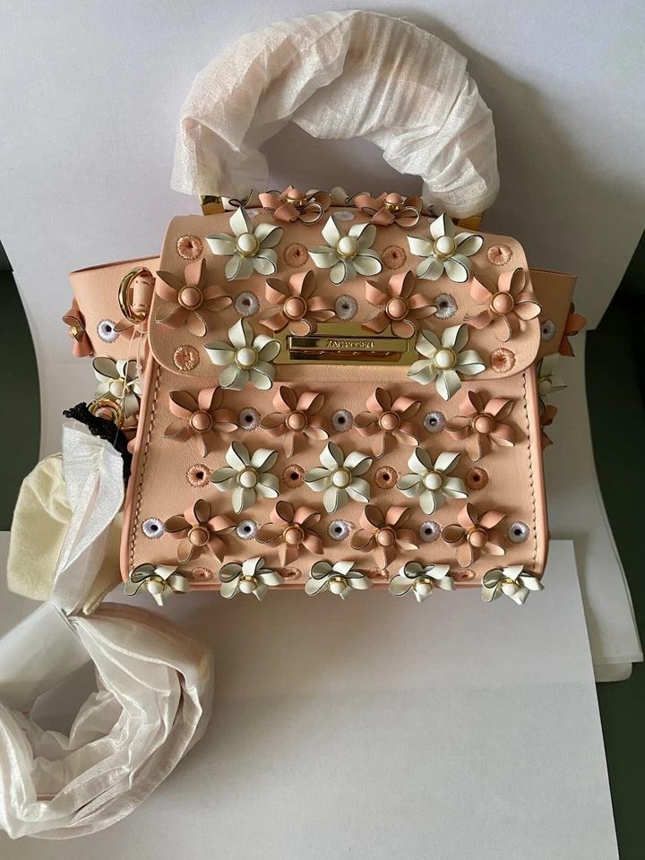 zac posen pink white floral applique top handle with shoulder strap leather bag — 第 1/1 张图片