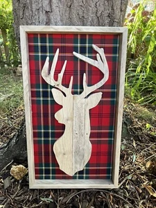 Handmade Stags Head Wall Art From Reclaimed Pallet - MacLean Of Duart Tartan - Picture 1 of 1