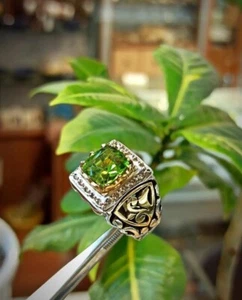 Real Peridot Stone Ring Gemstone Peridot Cushion Cut Stone Ring Mens Silver 925 - Picture 1 of 5
