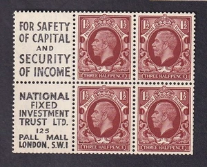 GB KGV 1½d wmk inv book pane 4 + adverts -no selvedge- UM SG NB25a very scarce - Picture 1 of 2