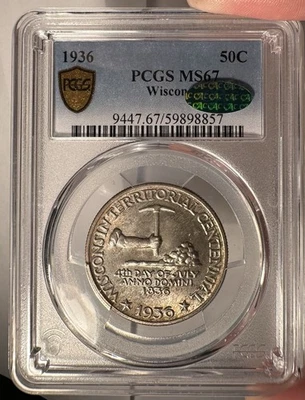 1936 50c PCGS MS 67 CAC Wisconsin Commemorative Half Dollar - Image 1 of 4