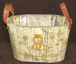 Muñeco de nieve dorado rústico de madera primitivo canasta de granja asas de cuero 8 x 5 pulgadas - Imagen 1 de 12