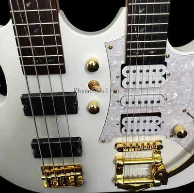 Custom White Double Neck Bass 4+6 String Electric Guitar Jazz Bridge Gold Part - Image 1 of 4