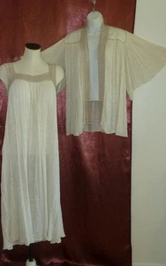 2-teiliges Vintage 70er griechisches Baumwollgaze Lurex Häkelkleid & Swing Jacke Topper Einheitsgröße - Bild 1 von 24