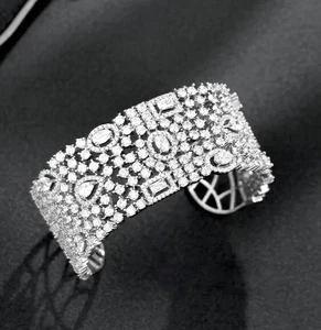 935 Silver Elegant Royal Wedding & Party 62.33CT White Sapphire Cuff Bracelet - Picture 1 of 7