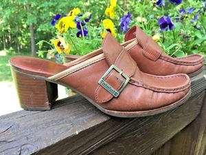 TIMBERLAND LEATHER CLOGS MULES Loafers Slip Ons High Heels WOMENS SHOES SIZE 8.5 - Picture 1 of 6