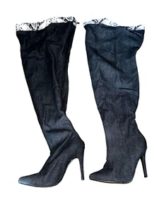 Denim Thigh High Heeled Boots Snake Print Trim Plus Size 9W Denim Sexy Cushion - Picture 1 of 5