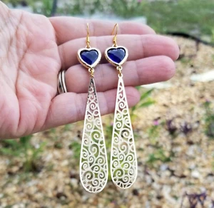 14k Gold Sapphire Earrings Simulated Blue Sapphire Earrings Long Dangle Earrings - Picture 1 of 5