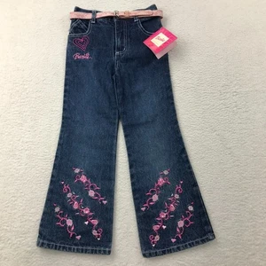 Vintage Y2K Barbie Jeans Girls 6 Blue Denim Flare Leg Embroidered Flowers NEW - Picture 1 of 12