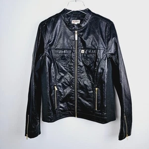 True Religion Black Faux Leather Rib Panel Moto Jacket Womens size XL - Picture 1 of 14